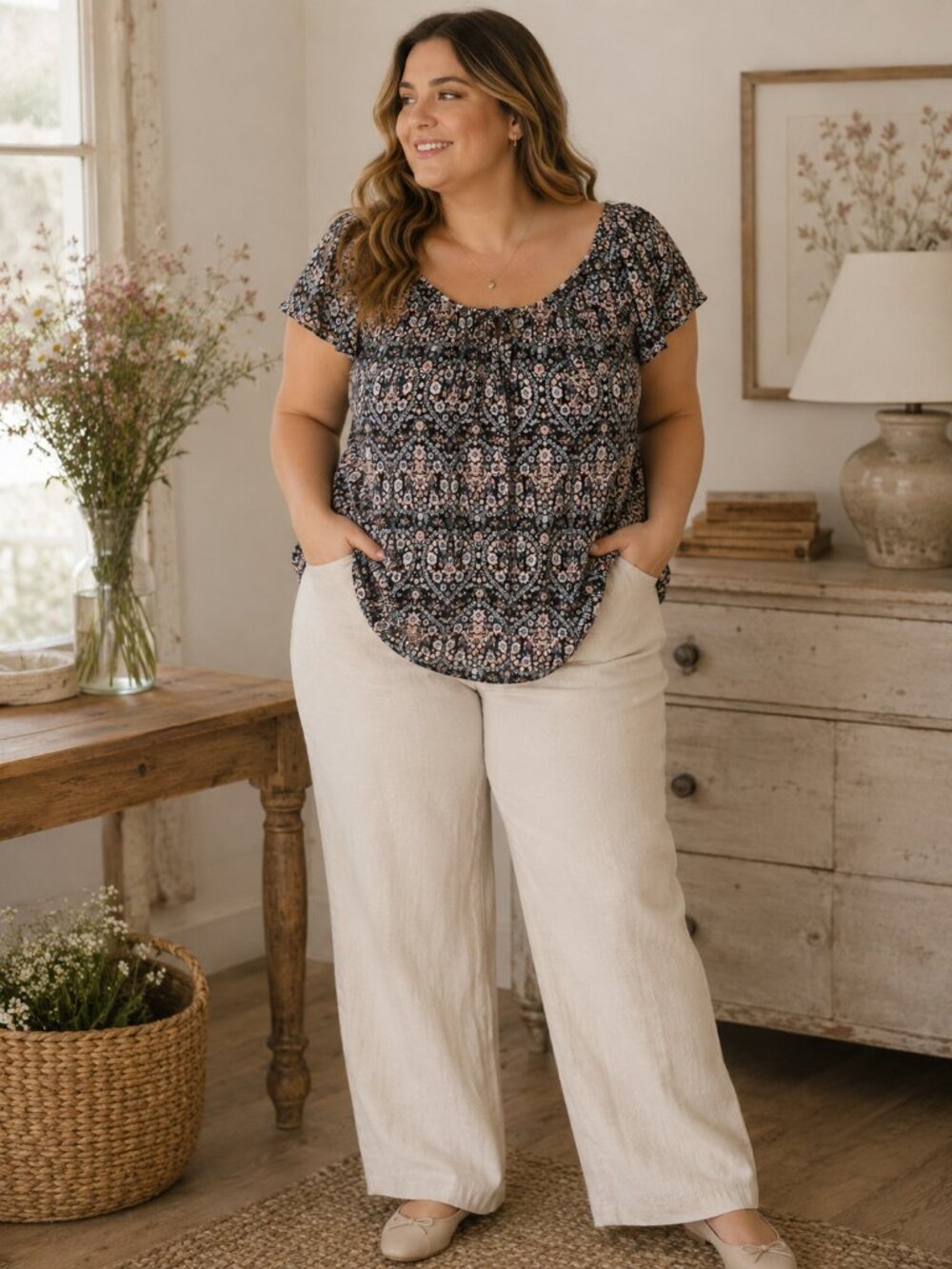 Lauren Conrad Floral Tie Back Peasant Blouse